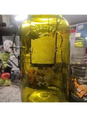 Vintage Embossed Glass Beverage Bottle - Olive Green Light